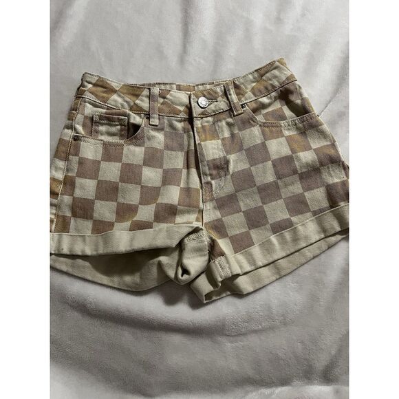 PacSun Shorts Women's Checkerboard Mom Shorts Tan Checker,‎ Size 24 - Picture 1 of 5